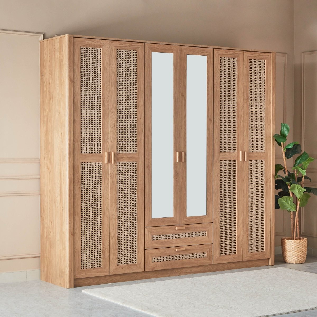 Home Box Java 6-Door Wardrobe with 2 Mirrors | Brown Rattan-Style Finish - Al Thahani Furniture