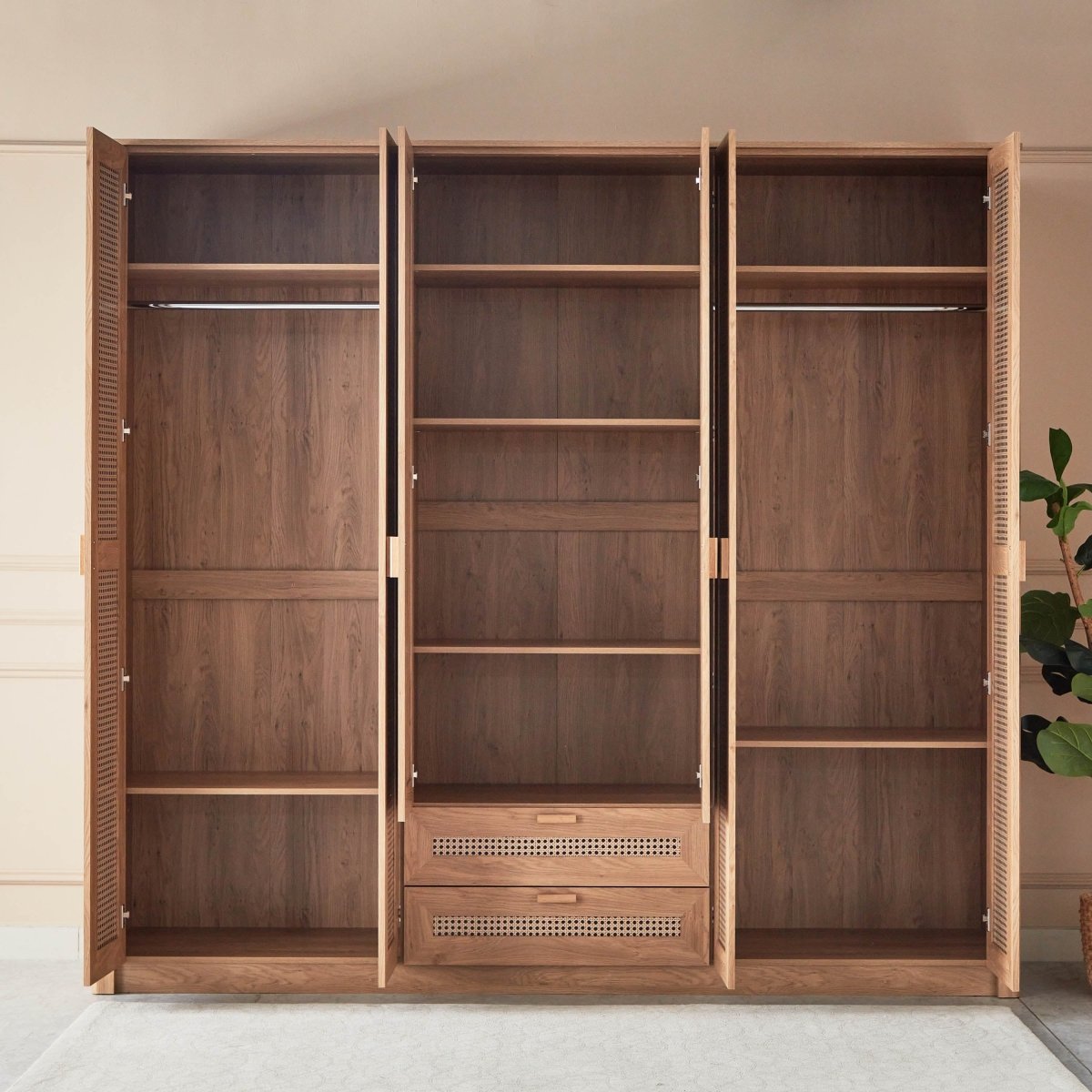 Home Box Java 6-Door Wardrobe with 2 Mirrors | Brown Rattan-Style Finish - Al Thahani Furniture