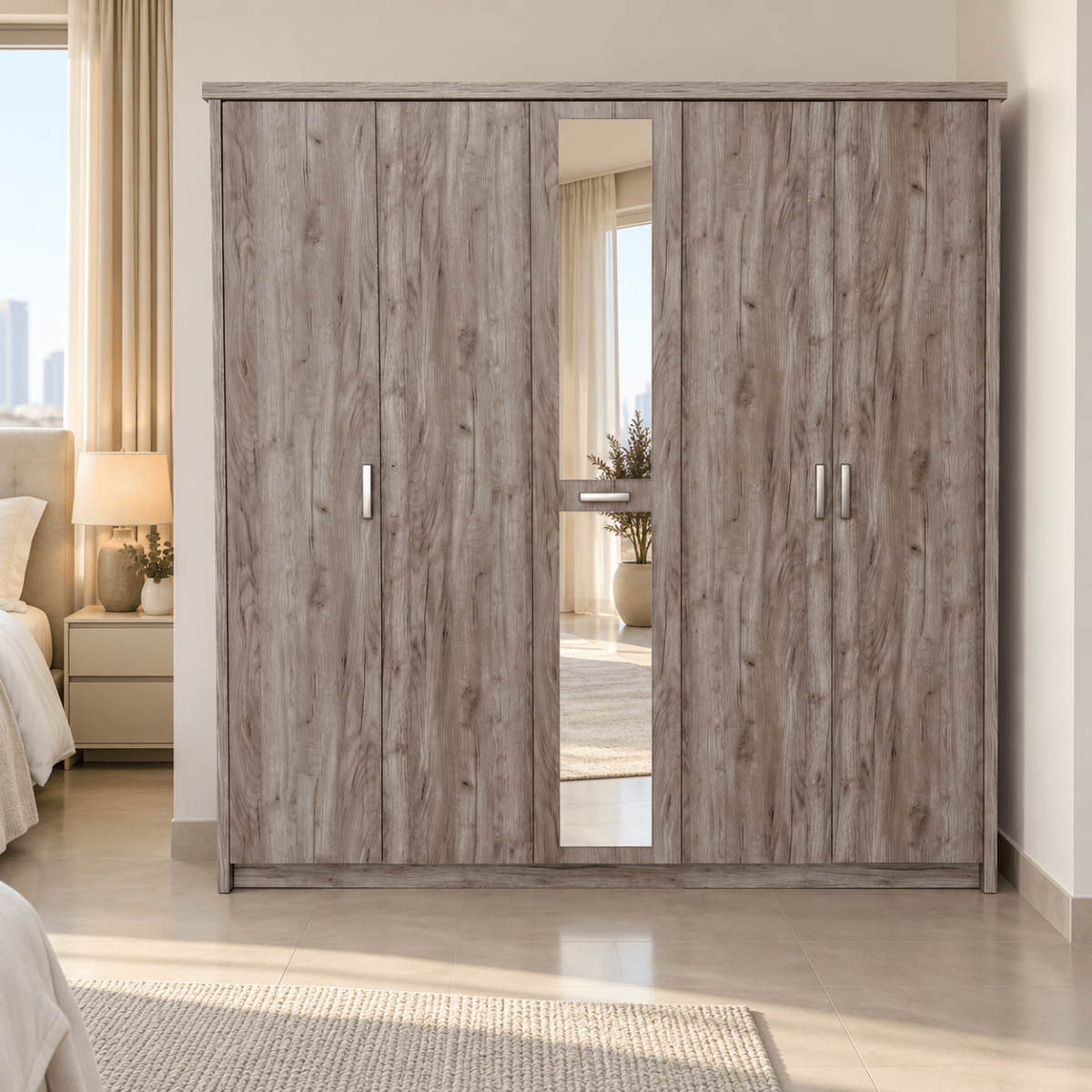 Home Box Kent 5-Door Wardrobe with Mirror – Grey Woodgrain, 211 × 55 × 208 cm - Al Thahani Furniture