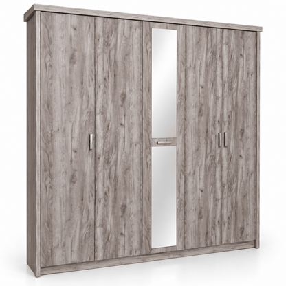 Home Box Kent 5-Door Wardrobe with Mirror – Grey Woodgrain, 211 × 55 × 208 cm - Al Thahani Furniture