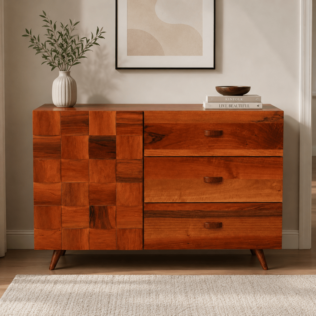 Home Box King Bed Set with Mid-Century Dresser, without Mattress, 180x200 cm - used 8 months - Al Thahani Furniture