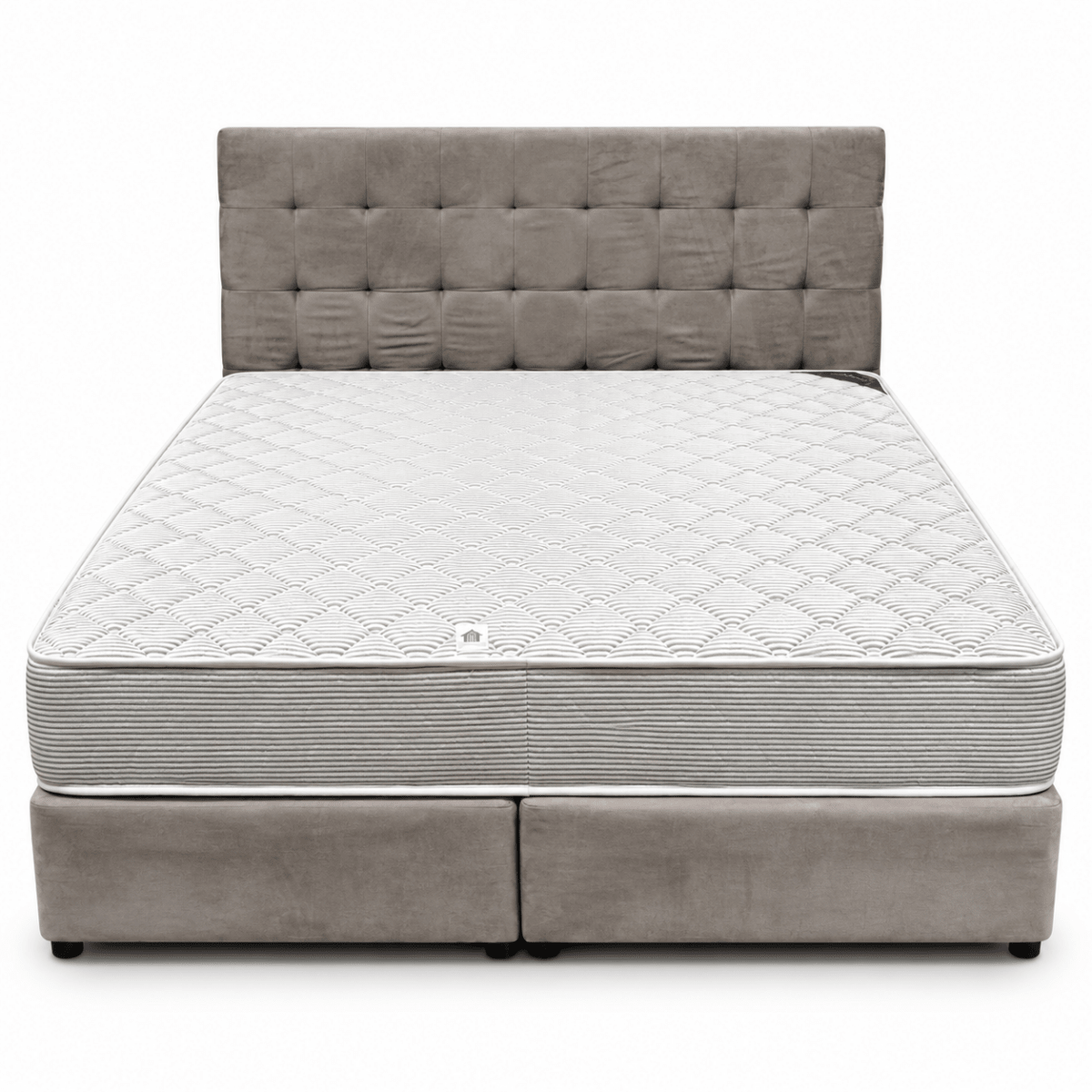 Home Box King Divan Bed with Square-Tufted Headboard & Mattress – Taupe Grey – 180 × 210 cm - Al Thahani Furniture