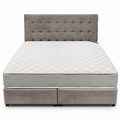 Home Box King Divan Bed with Square-Tufted Headboard & Mattress – Taupe Grey – 180 × 210 cm - Al Thahani Furniture