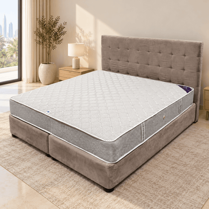 Home Box King Divan Bed with Square-Tufted Headboard & Mattress – Taupe Grey – 180 × 210 cm - Al Thahani Furniture