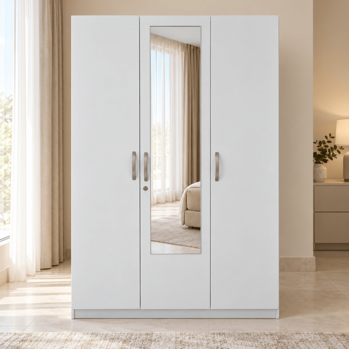 Home Box Kulltorp Plus 3-Door Wardrobe with Mirror & Lock – White – 120 × 52 × 182 cm - Al Thahani Furniture