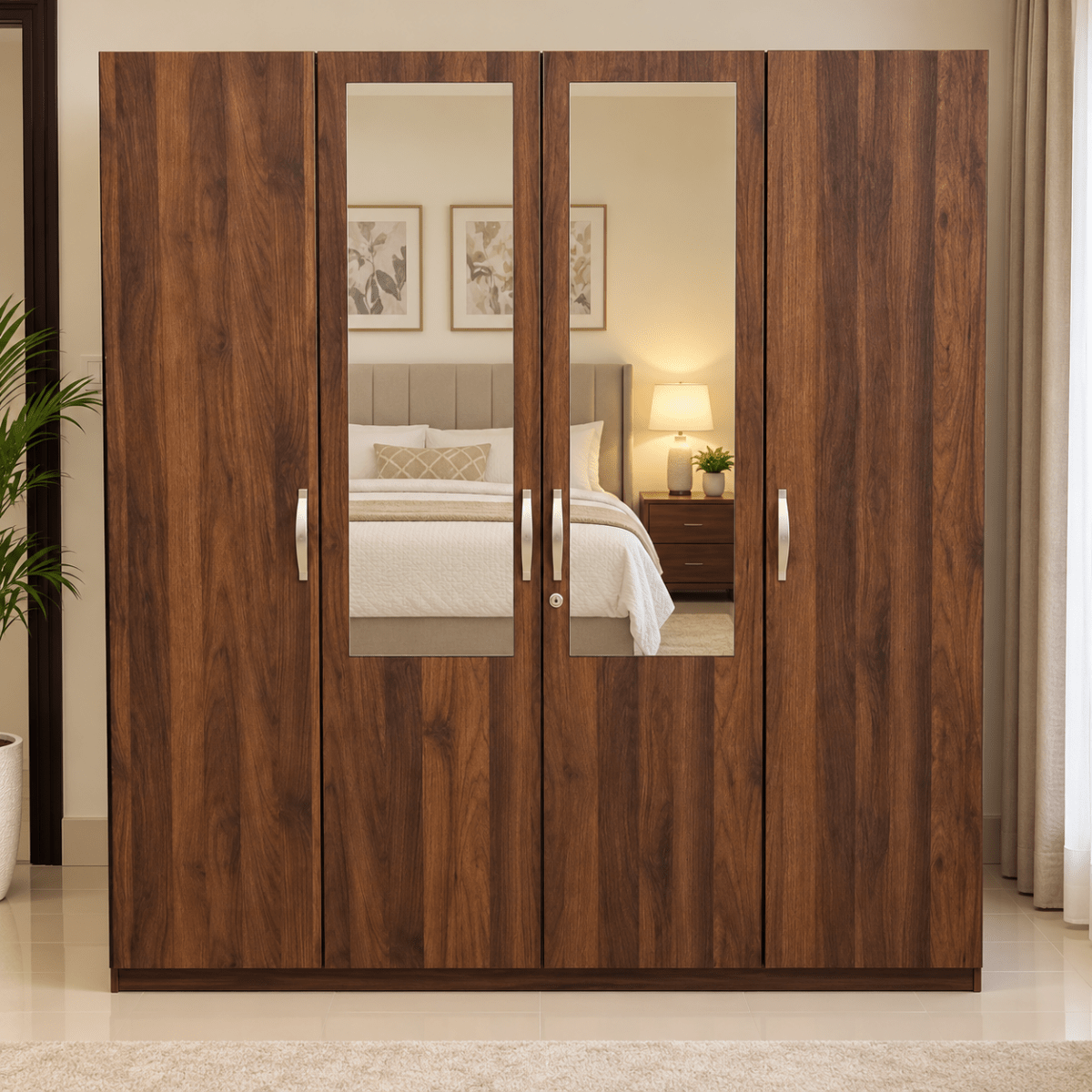 Home Box Kulltorp Plus 4-Door Wardrobe with 2 Mirrors & Lock – Walnut Brown - Al Thahani Furniture