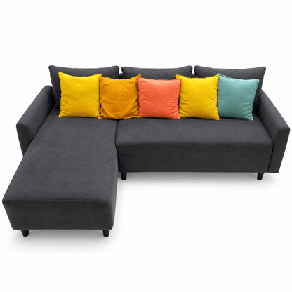Home Box L-Shaped Corner Sofa with Left Chaise & 5 Colourful Cushions – Charcoal Grey - Al Thahani Furniture
