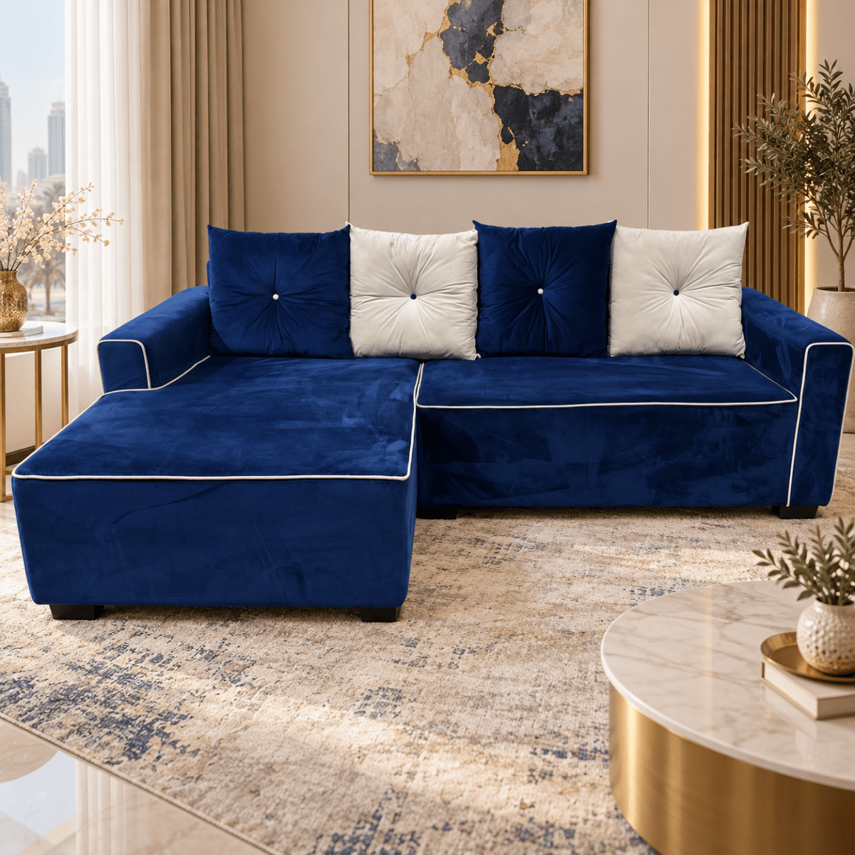 Home Box L-Shaped Corner Sofa with Left Chaise – Blue & White – 235 × 160 cm - Al Thahani Furniture