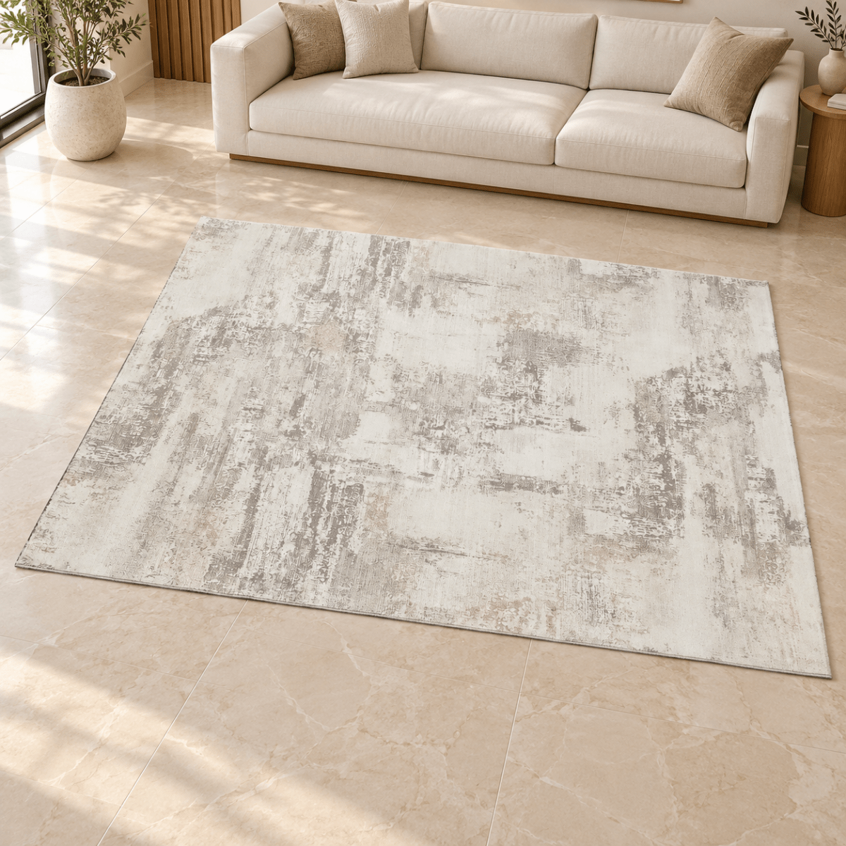 Home Box Large Ivory & Greige Distressed Abstract Area Rug – 200 × 290 cm - Al Thahani Furniture