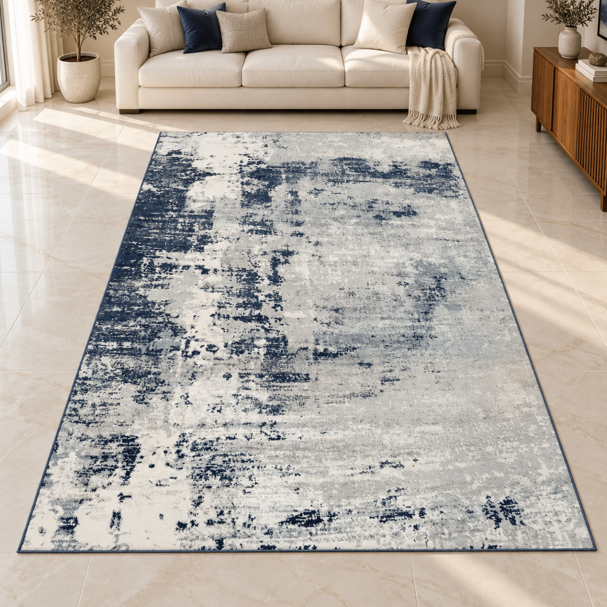 Home Box Large Navy Blue, Grey & Ivory Distressed Abstract Area Rug – 200 × 300 cm - Al Thahani Furniture