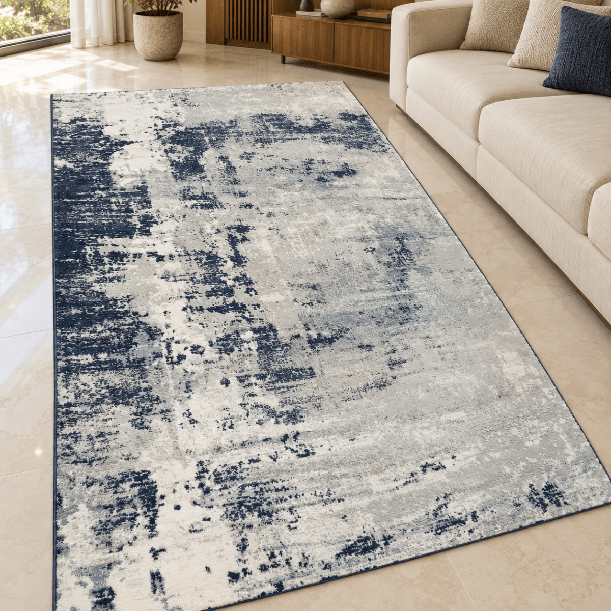 Home Box Large Navy Blue, Grey & Ivory Distressed Abstract Area Rug – 200 × 300 cm - Al Thahani Furniture