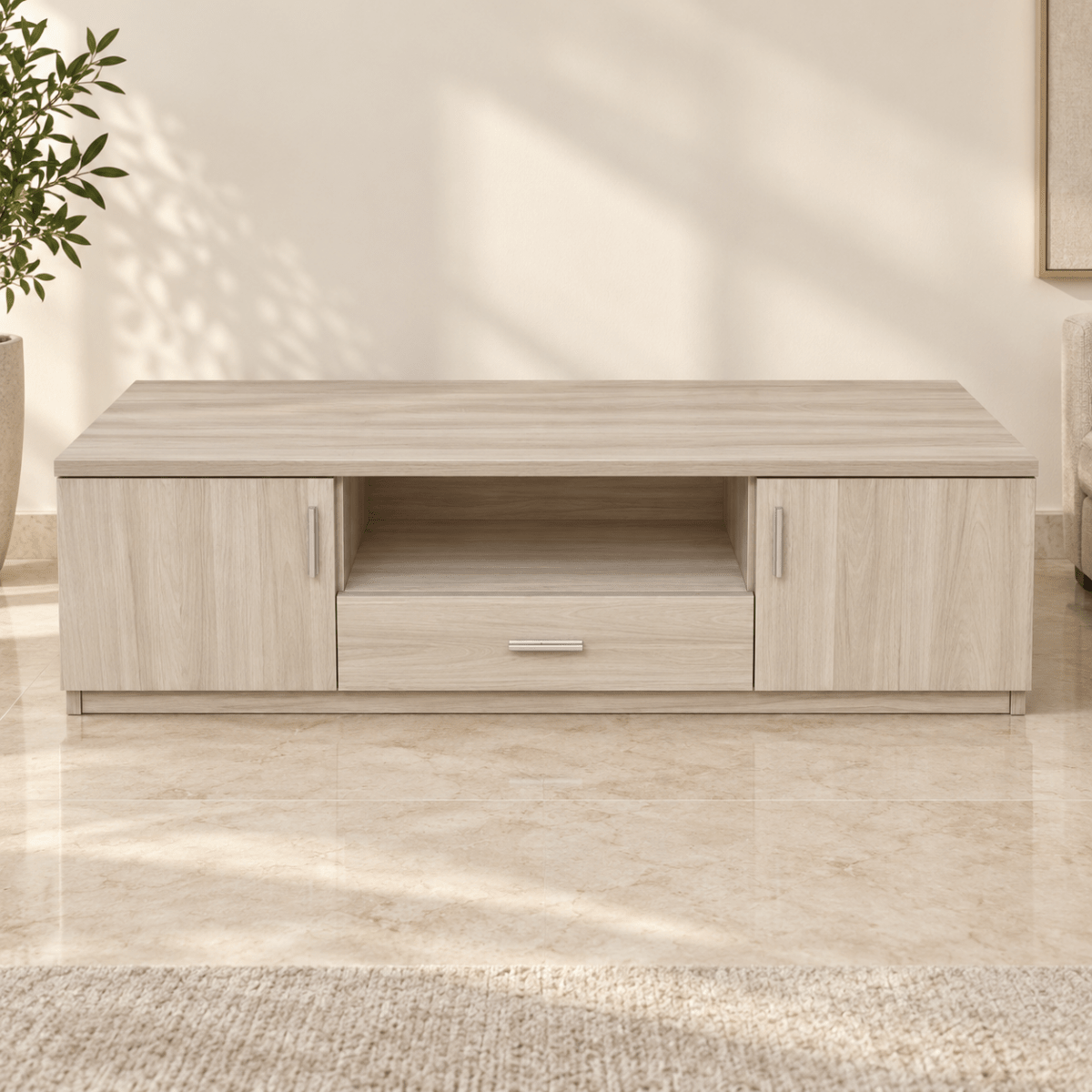 Home Box Low-Profile TV Unit with 2 Doors, 1 Drawer & Open Shelf – Light Oak - Al Thahani Furniture