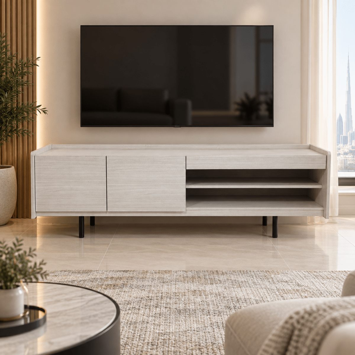 Home Box Modern TV Unit with 2-Door Cabinet & Open Shelves – White Oak Finish - Al Thahani Furniture