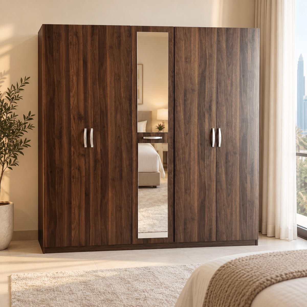 Home Box Movo Cooper 5-Door Wardrobe with Mirror – Dark Brown – 211 × 55 × 208 cm - Al Thahani Furniture