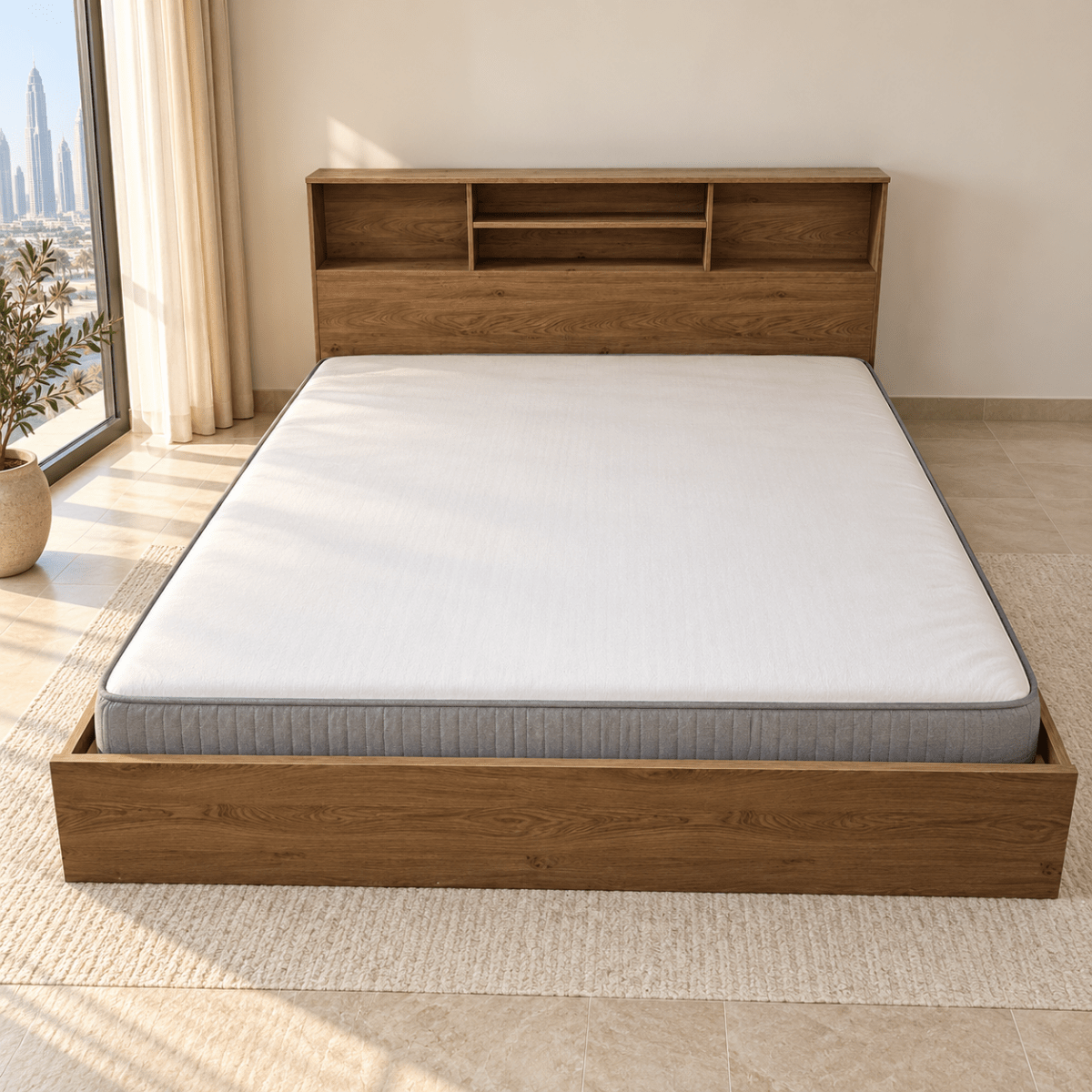 Home Box Movo Juno King Bed with Storage Headboard &amp; Mattress – Brown – 180 × 200 cm - Al Thahani Furniture