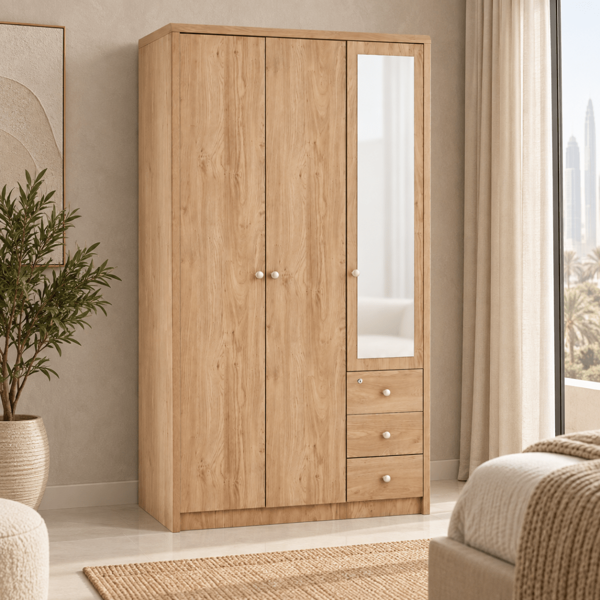 Home Box Nordica 3-Door Wardrobe with Mirror & 3 Drawers – Natural Wood - Al Thahani Furniture