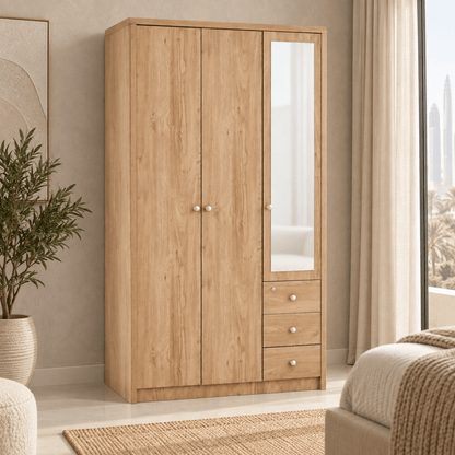 Home Box Nordica 3-Door Wardrobe with Mirror & 3 Drawers – Natural Wood - Al Thahani Furniture