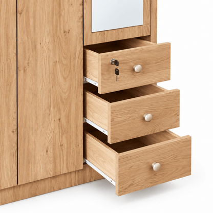 Home Box Nordica 3-Door Wardrobe with Mirror & 3 Drawers – Natural Wood - Al Thahani Furniture