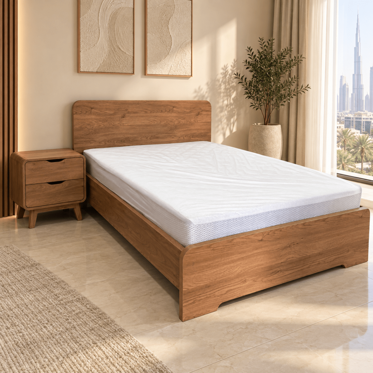 Home Box NORDICA Twin Bed 120 × 200 cm with Mattress & 2-Drawer Nightstand – Natural Wood Finish - Al Thahani Furniture
