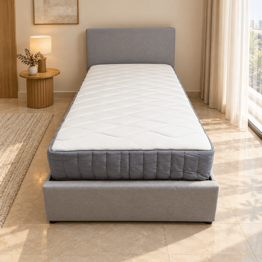 Home Box Orlando Single Upholstered Bed with Mattress – 90 × 200 cm – Light Grey - Al Thahani Furniture