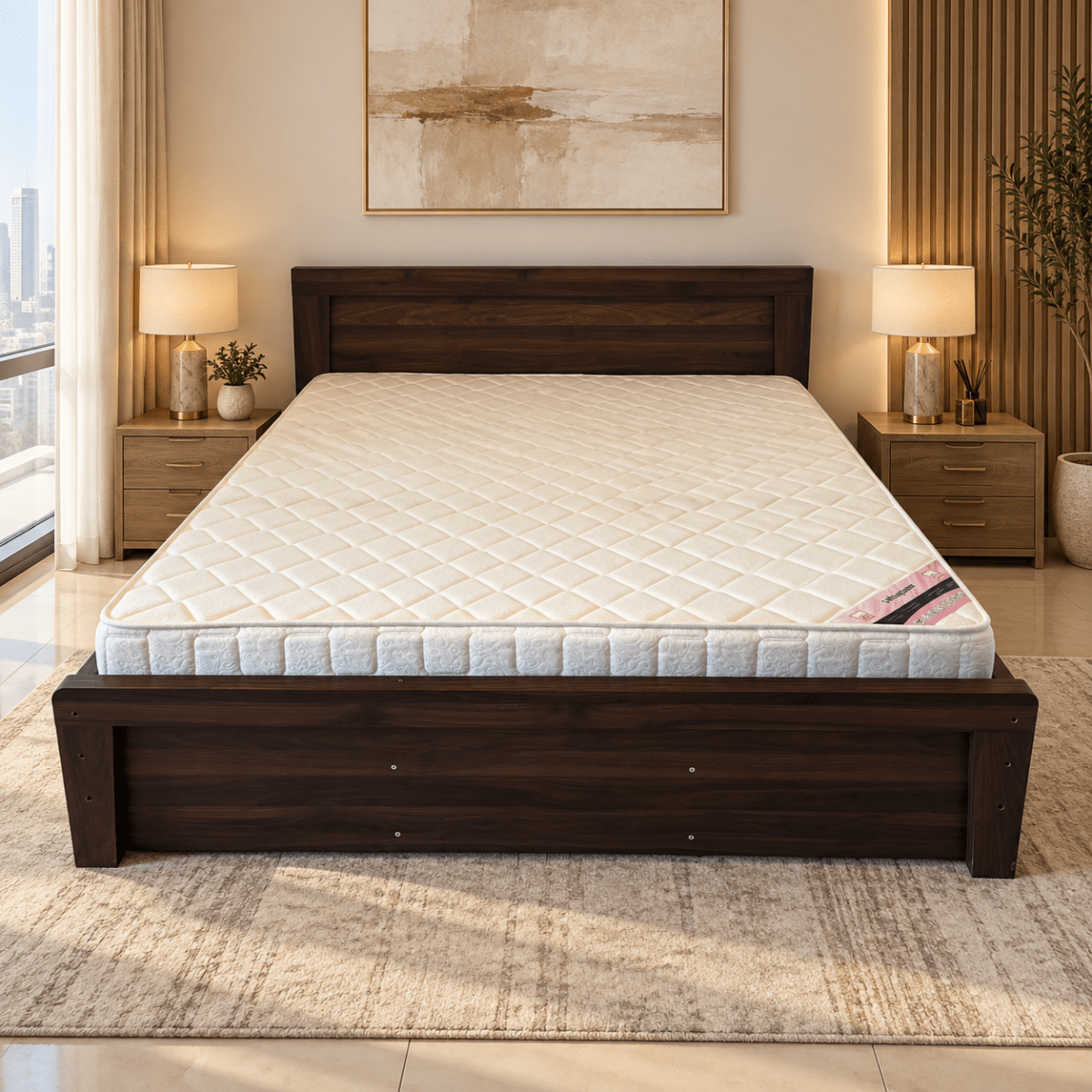 Home Box Queen Bed with Mattress – 150 × 200 cm – Dark Walnut Brown - Al Thahani Furniture