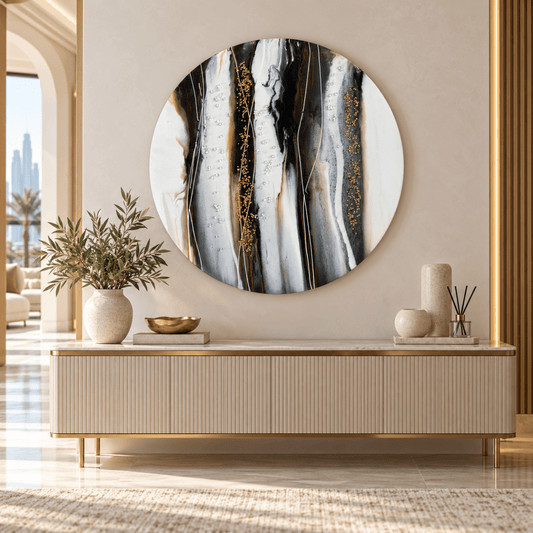 Home Box Round Abstract Wall Art – Black, White & Gold - Al Thahani Furniture