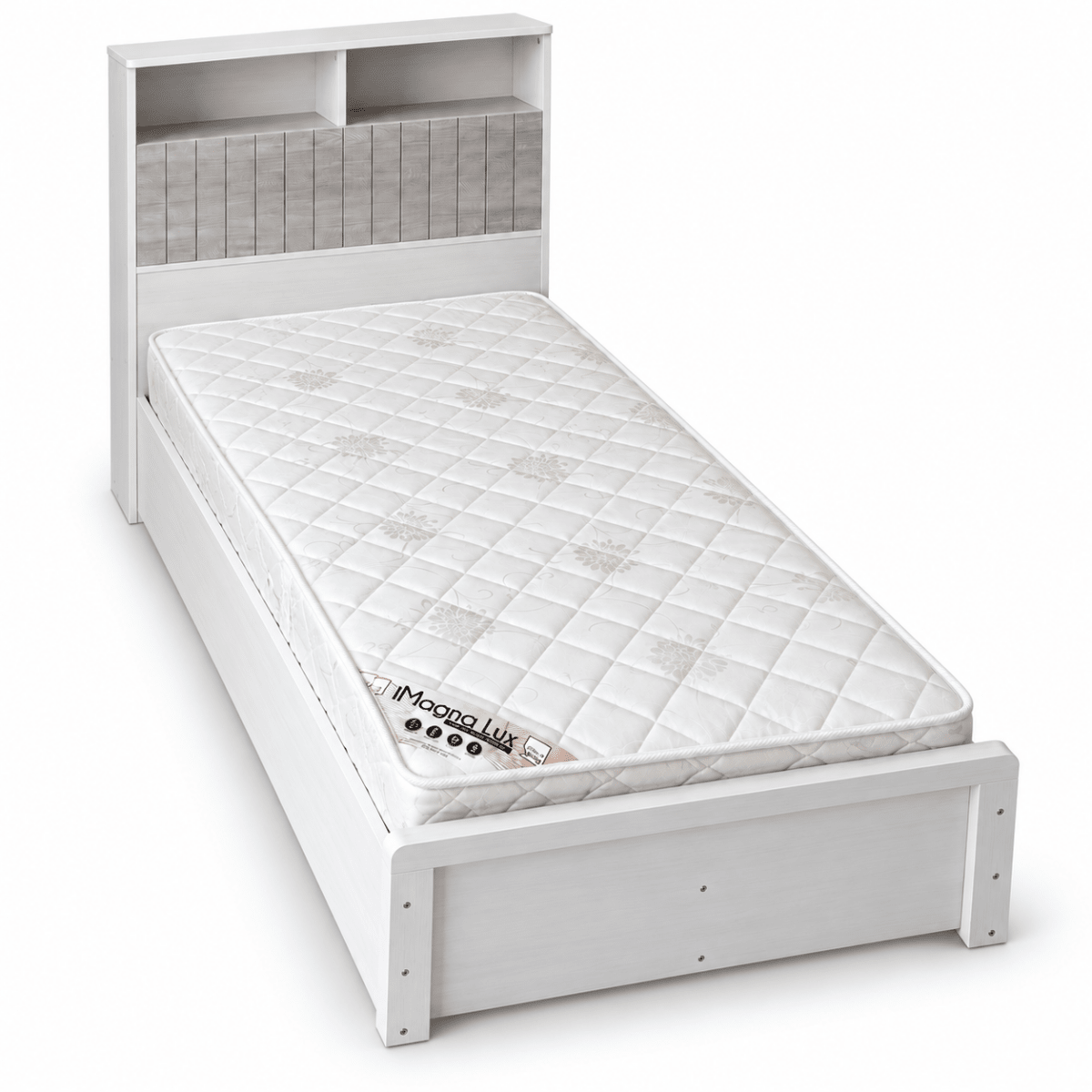 Home Box Single Bed with Storage Headboard & SleepEase iMagna Lux Mattress – 90 × 200 cm – White &amp; Grey - Al Thahani Furniture