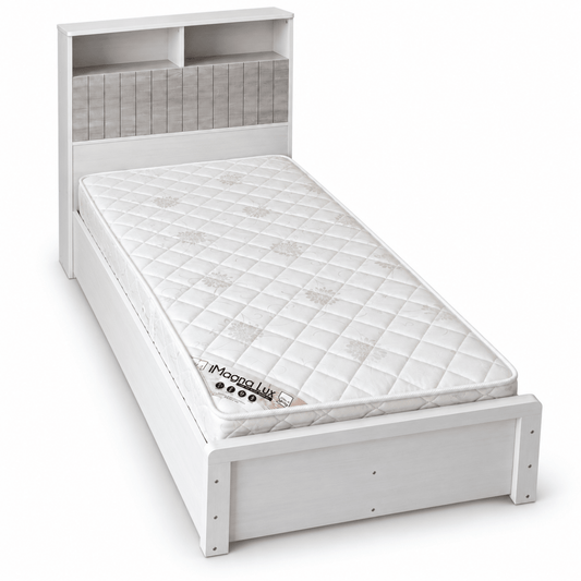 Home Box Single Bed with Storage Headboard & SleepEase iMagna Lux Mattress – 90 × 200 cm – White &amp; Grey - Al Thahani Furniture