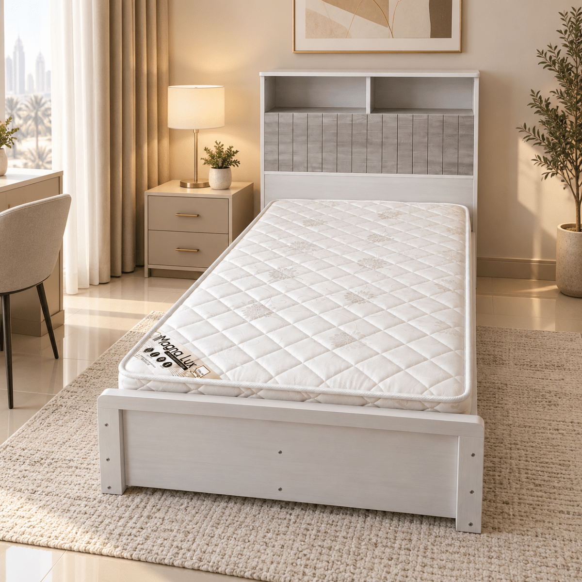 Home Box Single Bed with Storage Headboard & SleepEase iMagna Lux Mattress – 90 × 200 cm – White &amp; Grey - Al Thahani Furniture