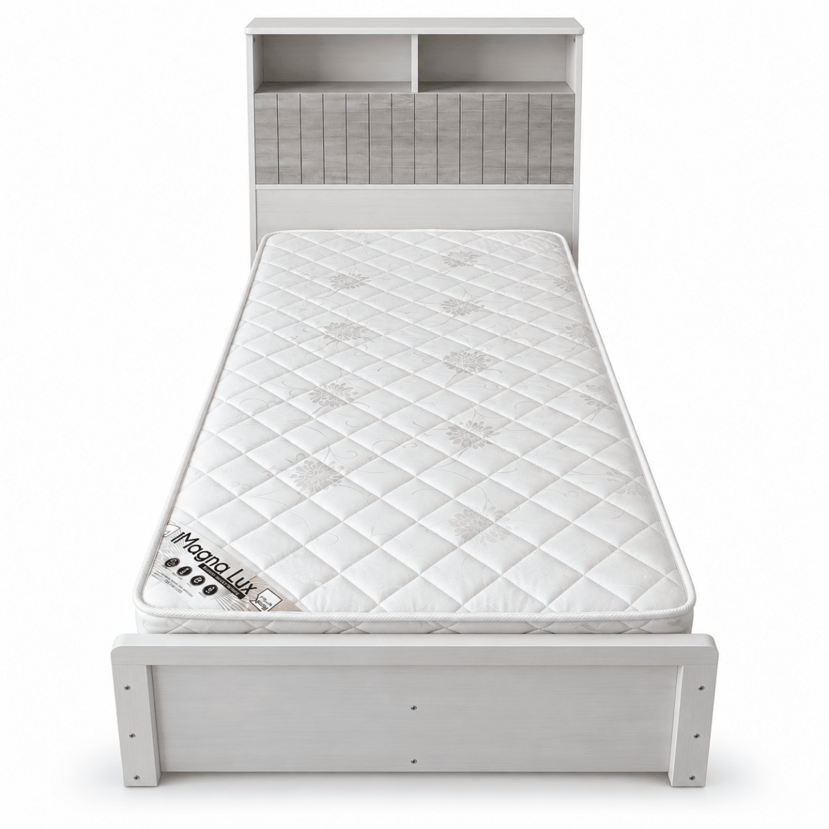 Home Box Single Bed with Storage Headboard & SleepEase iMagna Lux Mattress – 90 × 200 cm – White &amp; Grey - Al Thahani Furniture