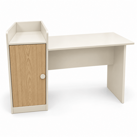 Home Box Study Desk with 1-Door Storage Cabinet & Open Shelf – White & Natural Oak - Al Thahani Furniture