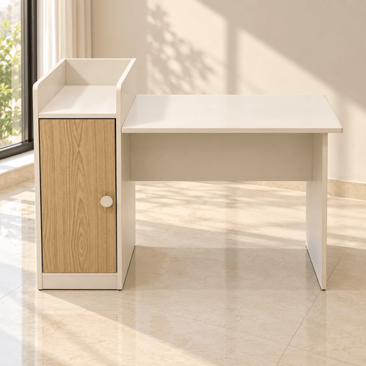 Home Box Study Desk with 1-Door Storage Cabinet & Open Shelf – White & Natural Oak - Al Thahani Furniture