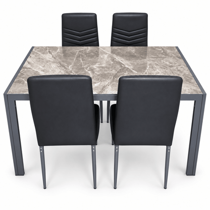 Home Box Troy 5-Piece 4-Seater Dining Set – Marble-Effect Glass Top & Black Chairs - Al Thahani Furniture