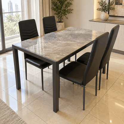 Home Box Troy 5-Piece 4-Seater Dining Set – Marble-Effect Glass Top & Black Chairs - Al Thahani Furniture