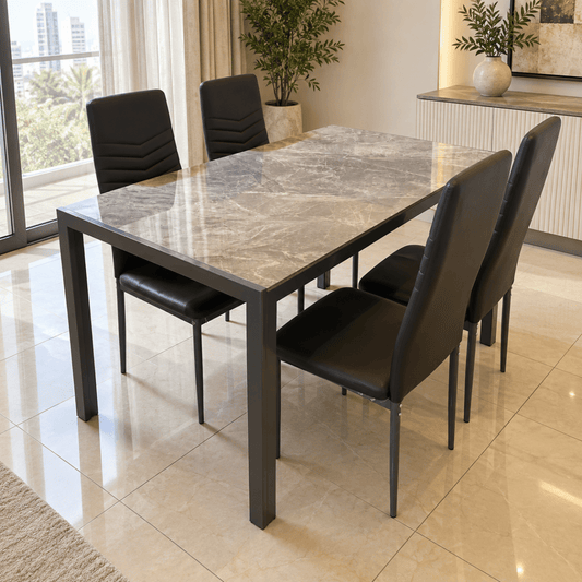 Home Box Troy 5-Piece 4-Seater Dining Set – Marble-Effect Glass Top & Black Chairs - Al Thahani Furniture