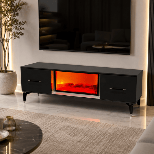 Home Box TV Unit with Electric Fireplace &amp; Storage – Black – 139 × 36 × 53 cm - Al Thahani Furniture