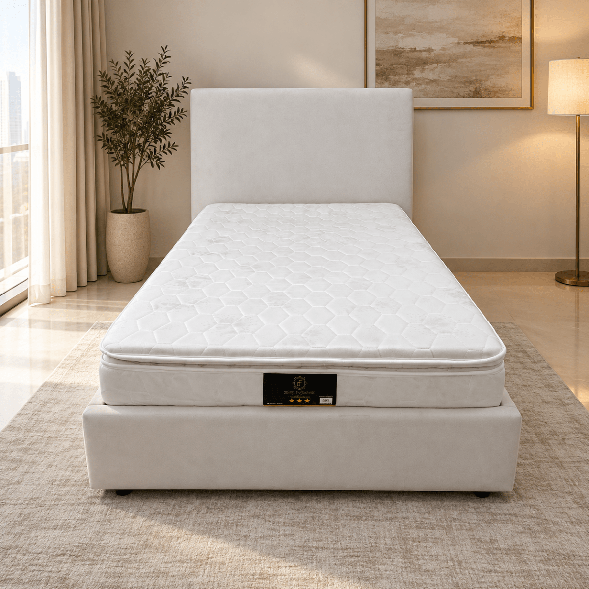 Home Box Upholstered Twin Bed with Mattress – 120 × 200 cm – Light Beige - Al Thahani Furniture