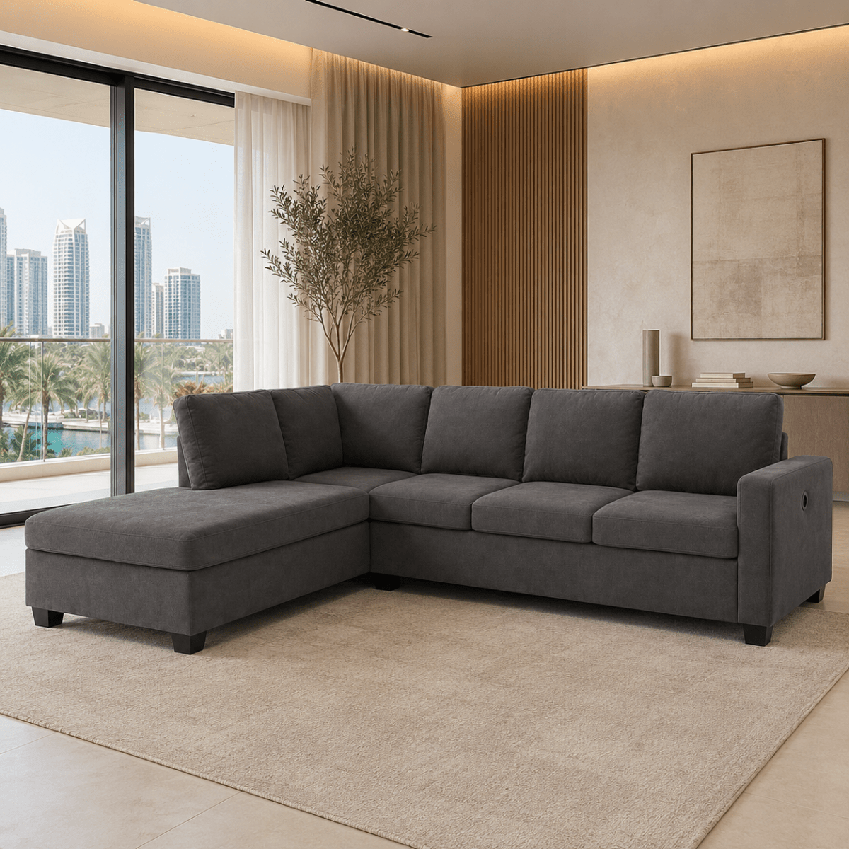 Home Box Urbandale 4-Seater Reversible Corner Sofa with USB Charging – Charcoal Grey - Al Thahani Furniture