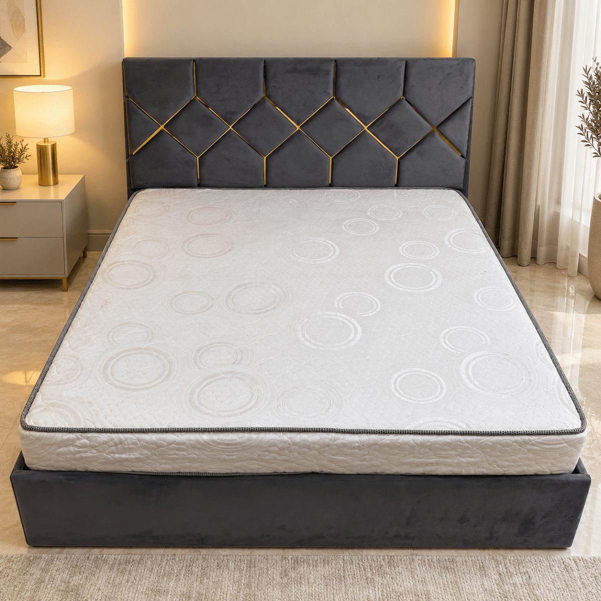 Home Box Verona King Upholstered Bed with Mattress – 180 × 200 cm – Dark Grey & Gold - Al Thahani Furniture