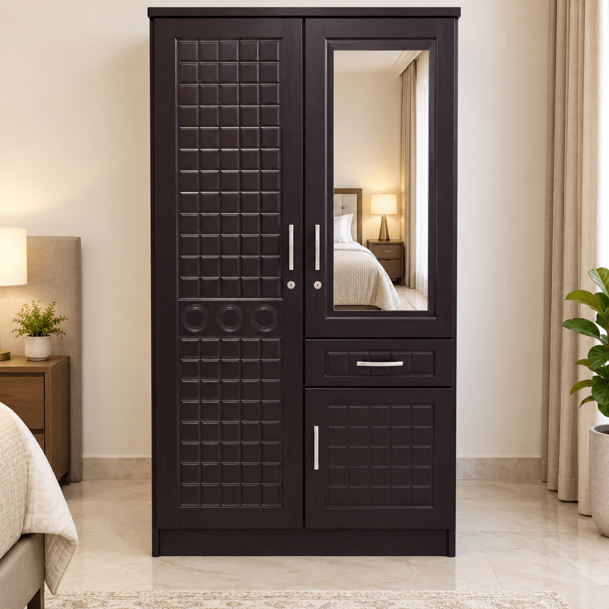 Home Box Wardrobe with Mirror, Hanging Rail & Drawer – Dark Espresso Brown - Al Thahani Furniture
