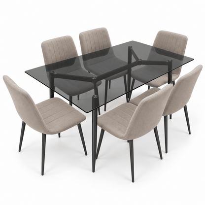 Home Box Waver 7-Piece 6-Seater Glass Dining Set – Beige & Black – 160 × 90 cm - Al Thahani Furniture