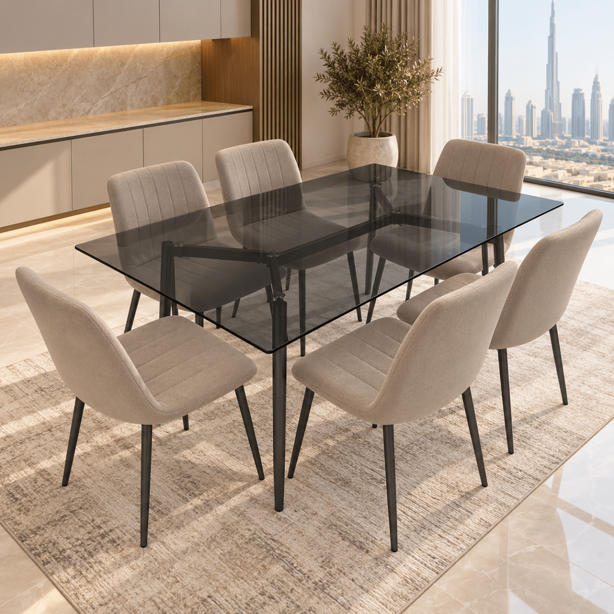 Home Box Waver 7-Piece 6-Seater Glass Dining Set – Beige & Black – 160 × 90 cm - Al Thahani Furniture