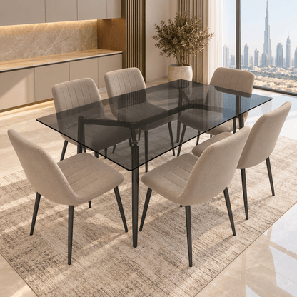 Home Box Waver 7-Piece 6-Seater Glass Dining Set – Beige & Black – 160 × 90 cm - Al Thahani Furniture