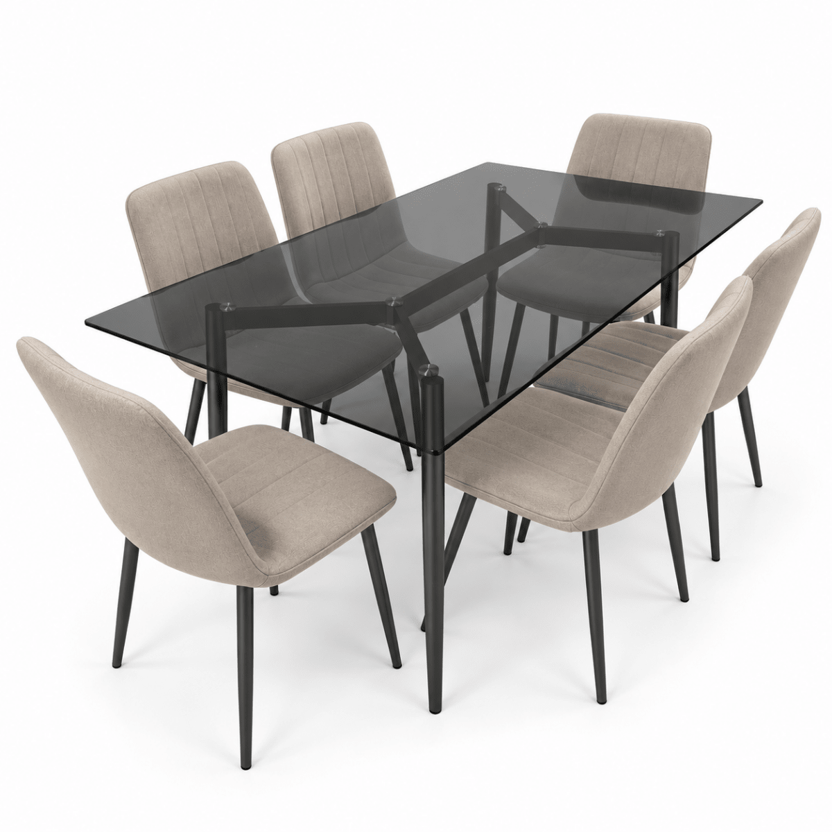 Home Box Waver 7-Piece 6-Seater Glass Dining Set – Beige & Black – 160 × 90 cm - Al Thahani Furniture