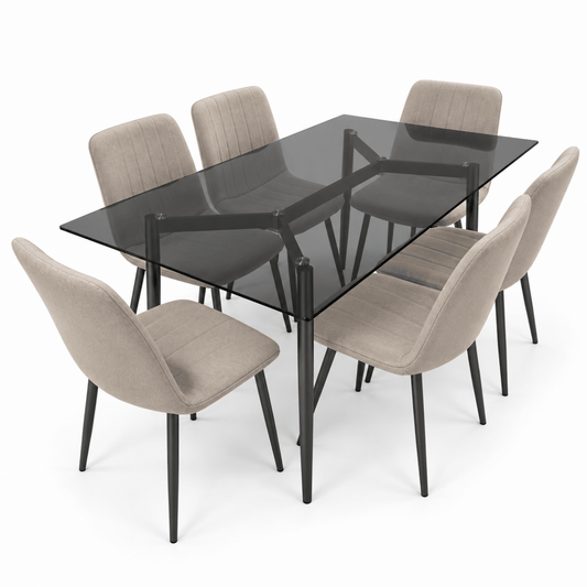 Home Box Waver 7-Piece 6-Seater Glass Dining Set – Beige & Black – 160 × 90 cm - Al Thahani Furniture