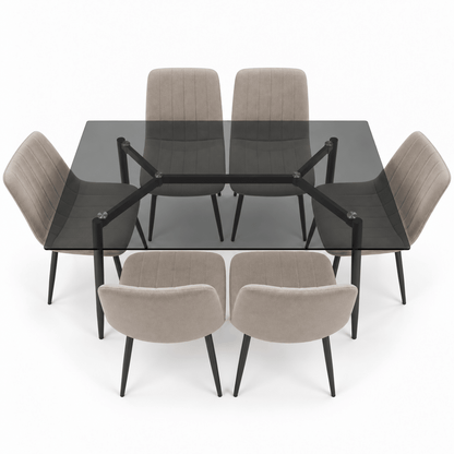 Home Box Waver 7-Piece 6-Seater Glass Dining Set – Beige & Black – 160 × 90 cm - Al Thahani Furniture