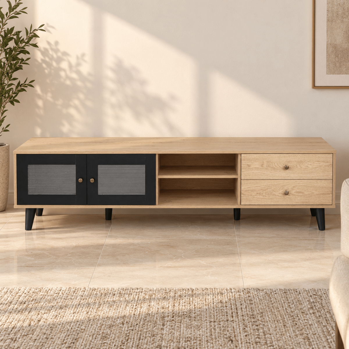 Home Box Zoara 1.8m TV Console with 2 Doors & 2 Drawers – Natural Oak Effect & Black - Al Thahani Furniture