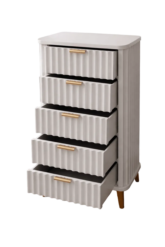 Home Center 5 - Drawer Tall Chest – Fluted Front, Curved Profile, Brushed Gold Handles, 45x40x90cm - althahanifurniture