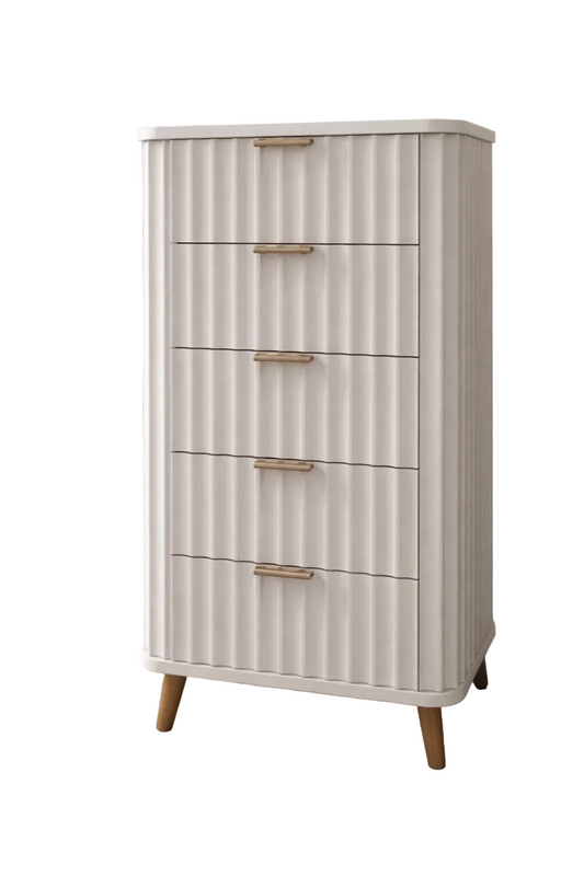 Home Center 5 - Drawer Tall Chest – Fluted Front, Curved Profile, Brushed Gold Handles, 45x40x90cm - althahanifurniture