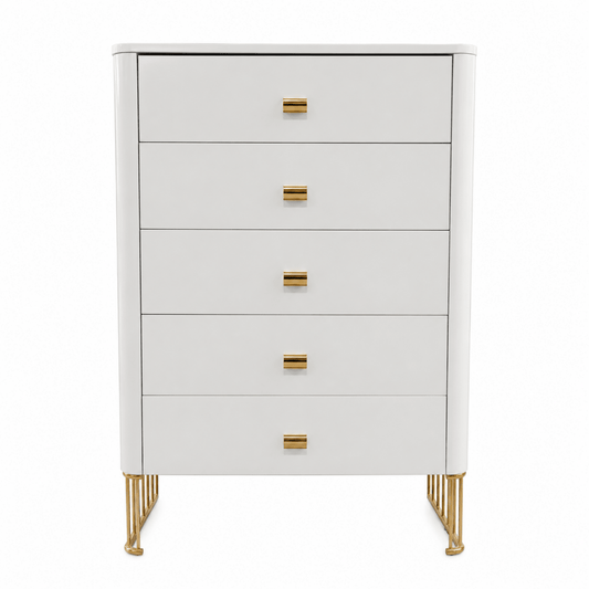 Home Center Alexa Chest of 5 Drawers | Gilded Metal Knobs - used 8 months - Al Thahani Furniture